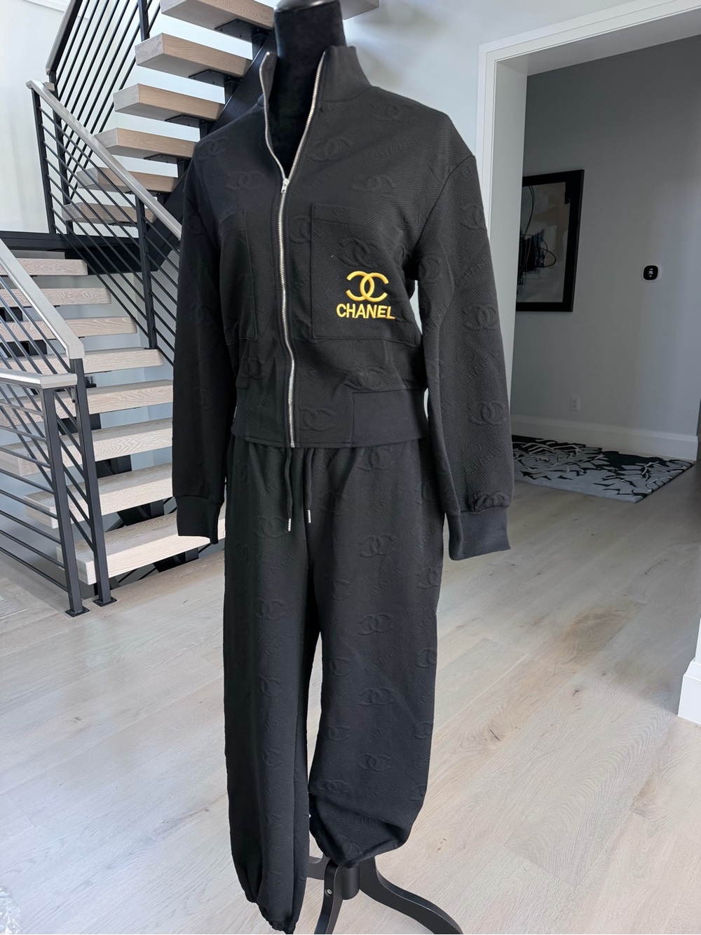 CHANEL Black Embossed Logo Tracksuit Matching Set with Gold Accent size M - Picture 2 of 16